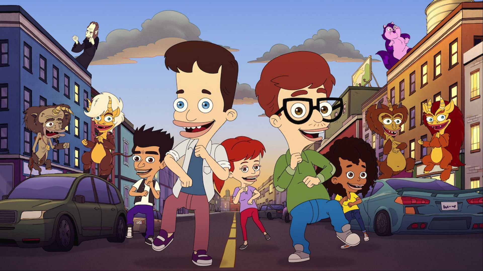 The main cast of Big Mouth alongside iconic creatures like the Hormone Monsters and the Shame Wizard, as seen in the show’s animated style. (Image via Netflix)